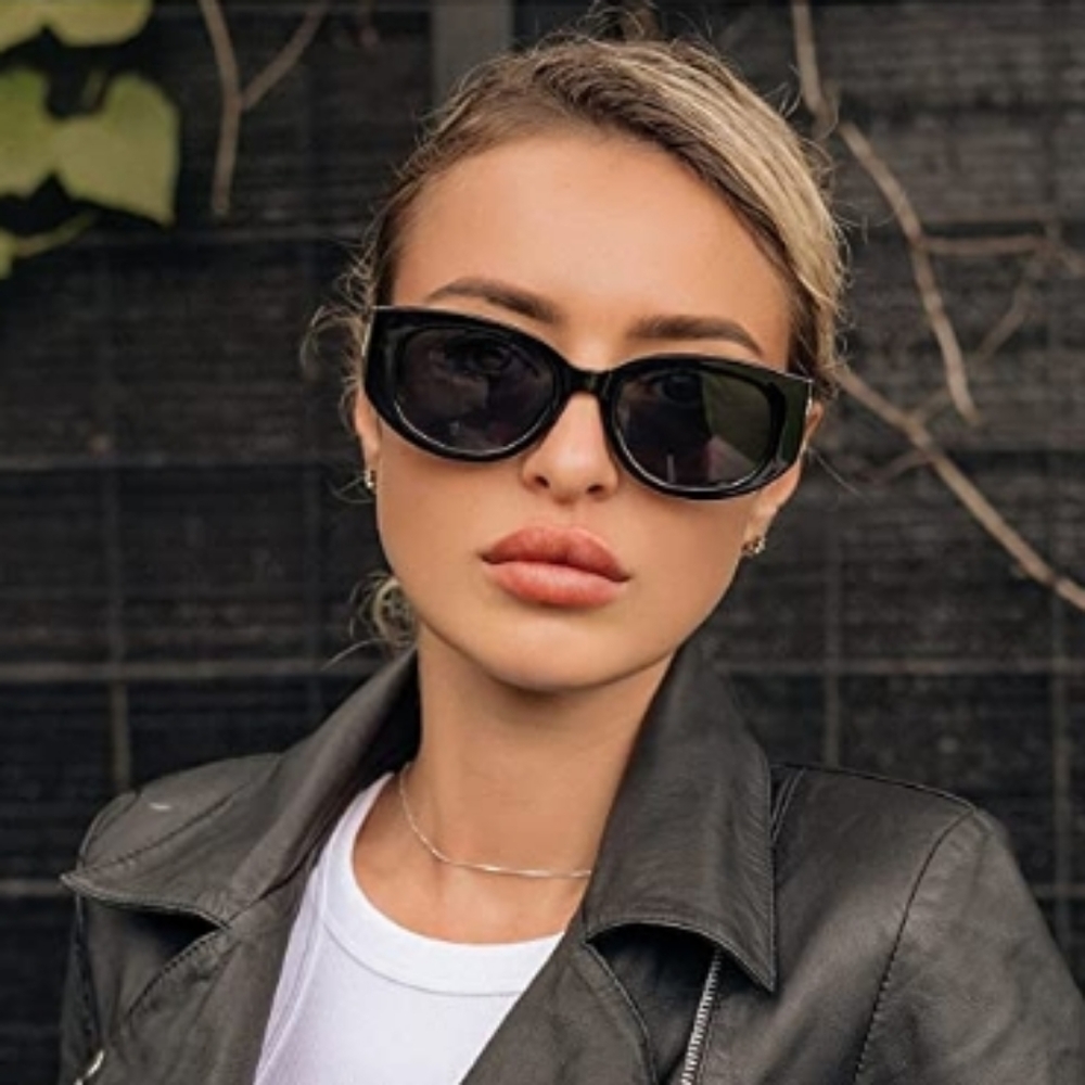 Sunglasses for Women Cat Eye Rectangle Thick Chic Frame Black - Picture 3 of 7